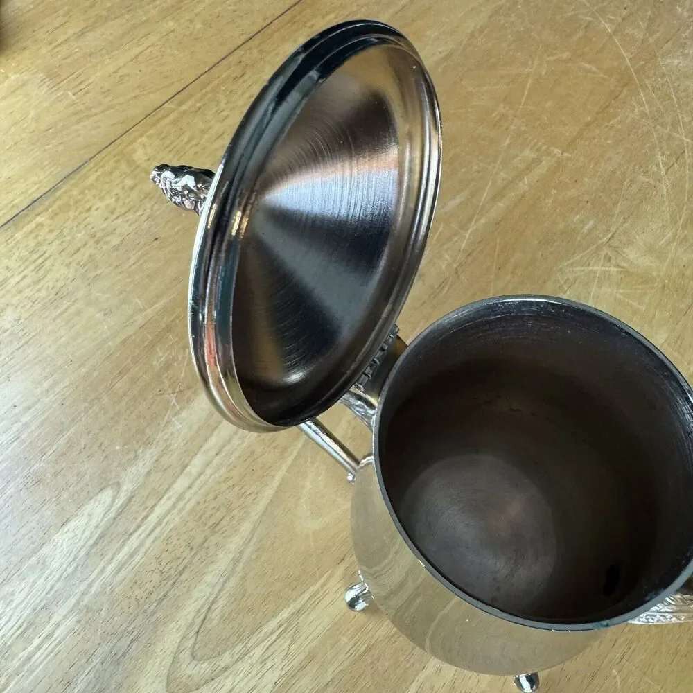Vintage Metal Coffee Pot Gold Tone With Attached Lid Footed